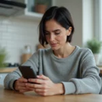 Femme consultant son smartphone pour gérer sa recharge Lycamobile 35 euros sans perdre de crédit