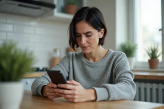 Femme consultant son smartphone pour gérer sa recharge Lycamobile 35 euros sans perdre de crédit