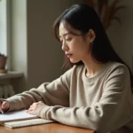 Femme assise pensant à une table avec carnet et stylo