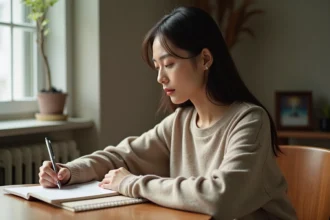 Femme assise pensant à une table avec carnet et stylo