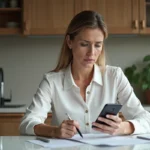 Femme d'âge moyen vérifiant une facture sur son smartphone