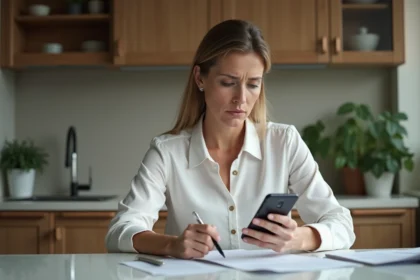 Femme d'âge moyen vérifiant une facture sur son smartphone