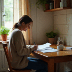 Femme d'âge moyen dans une cuisine vintage examine des factures