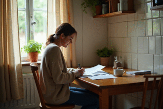 Femme d'âge moyen dans une cuisine vintage examine des factures