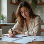 Femme assise à la table en cuisine en train de vérifier ses factures