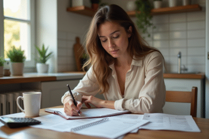 Femme assise à la table en cuisine en train de vérifier ses factures