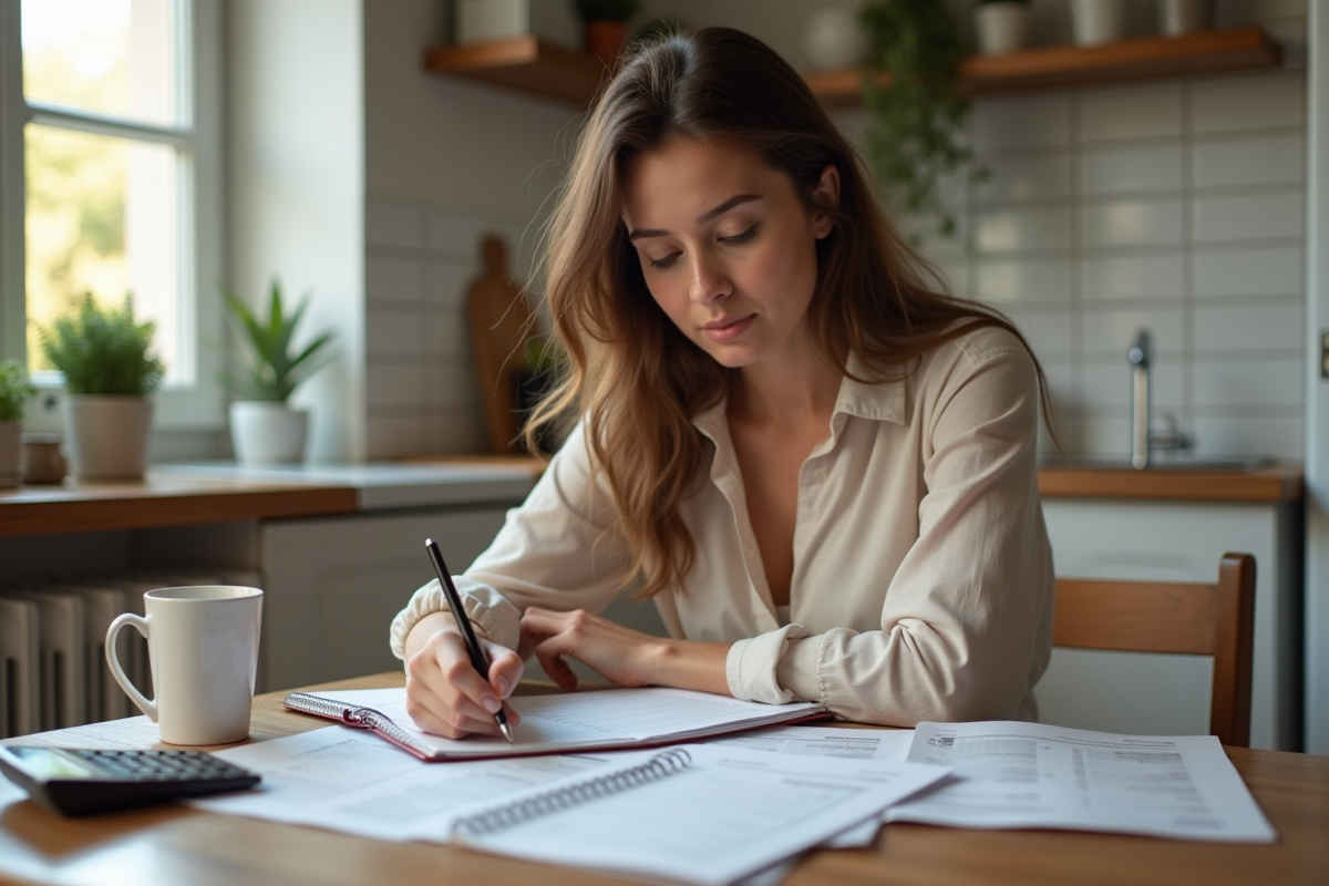 Femme assise à la table en cuisine en train de vérifier ses factures