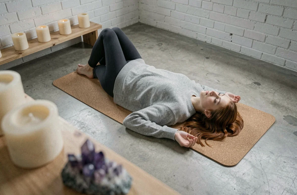 Jeune femme allongée en savasana les yeux fermés vivant une expérience de flash lumineux spirituel lors d'une séance de yoga