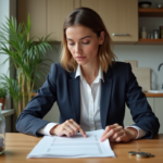 Femme en costume examine un relevé d'epargne à la maison