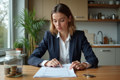 Femme en costume examine un relevé d'epargne à la maison