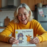 Femme souriante ouvrant une carte anniversaire dans la cuisine