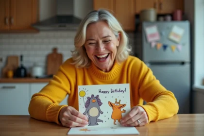 Femme souriante ouvrant une carte anniversaire dans la cuisine