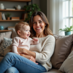 Femme souriante avec un enfant dans un salon chaleureux