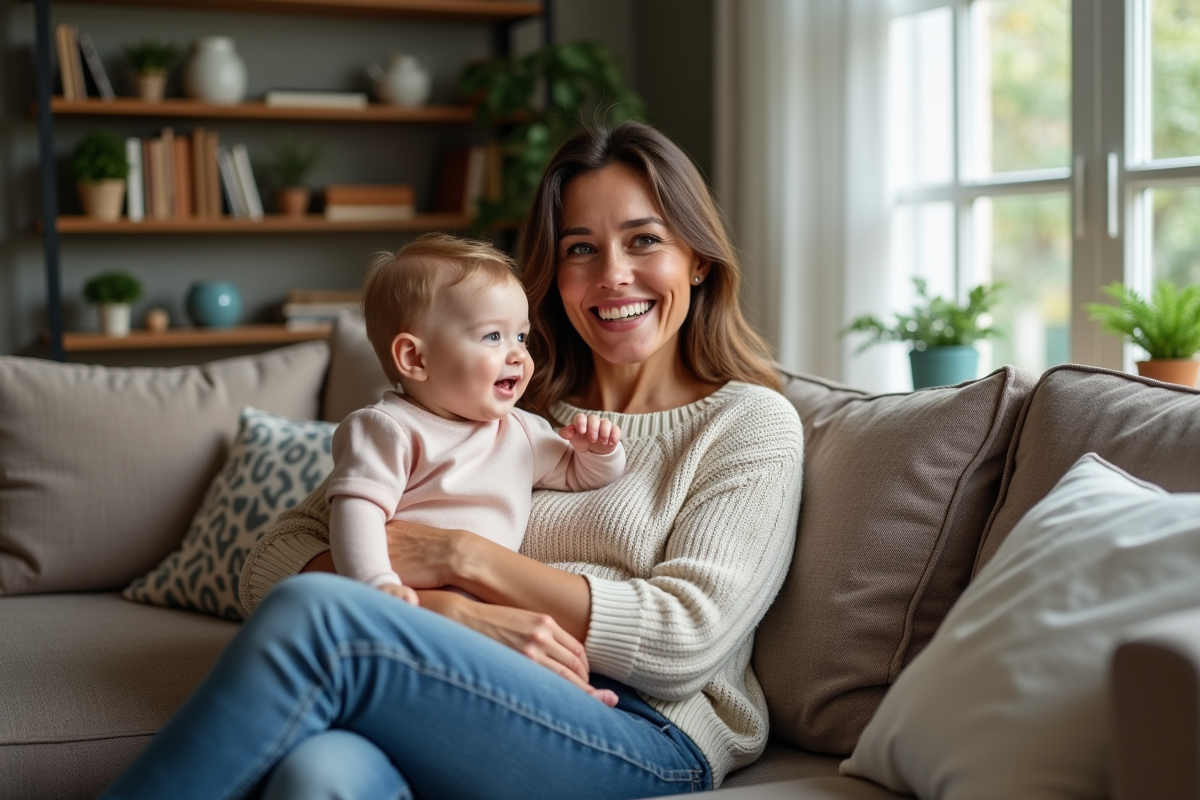 Femme souriante avec un enfant dans un salon chaleureux