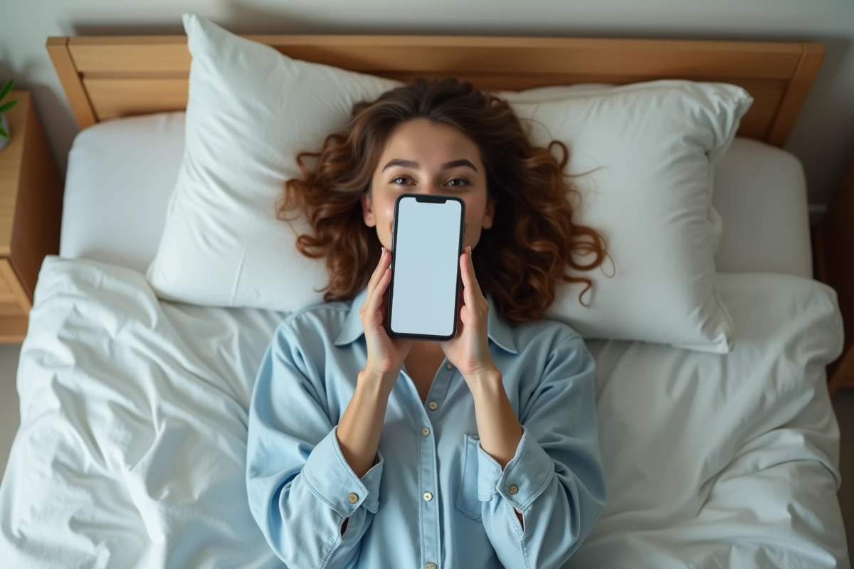 Jeune femme allongée regardant son téléphone affichant 12h12, réflexion sur la signification des heures miroirs en amour