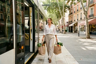 Femme descendant du tramway à Montpellier avec des sacs de courses devant des commerces accessibles sans voiture