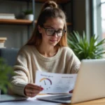 Jeune femme en télétravail compare des horaires sur son ordinateur