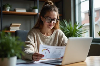 Jeune femme en télétravail compare des horaires sur son ordinateur