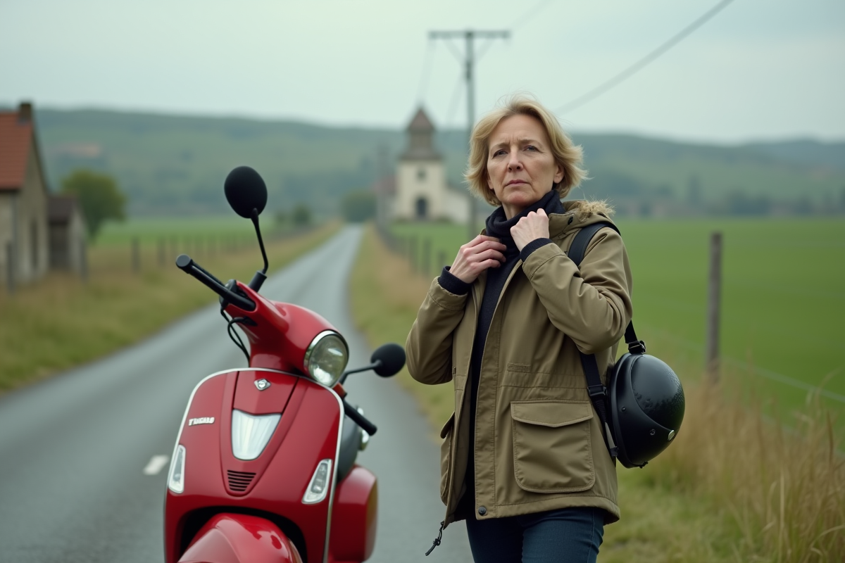 Femme ajustant son casque près d un scooter en campagne
