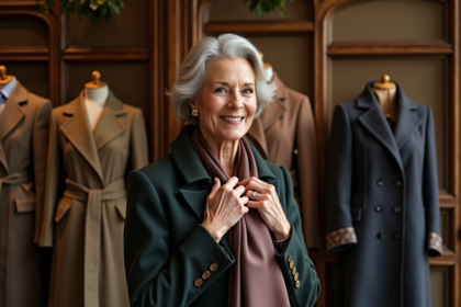 Femme élégante ajustant un foulard en boutique parisienne