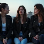 Trois femmes en veste tactique discutent sur un toit urbain au crépuscule