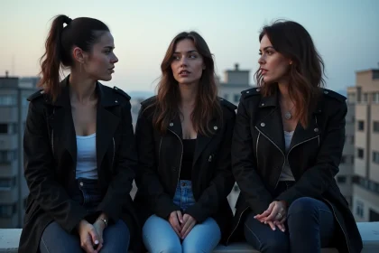 Trois femmes en veste tactique discutent sur un toit urbain au crépuscule