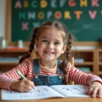Jeune fille concentrée en classe trace des lettres de l alphabet