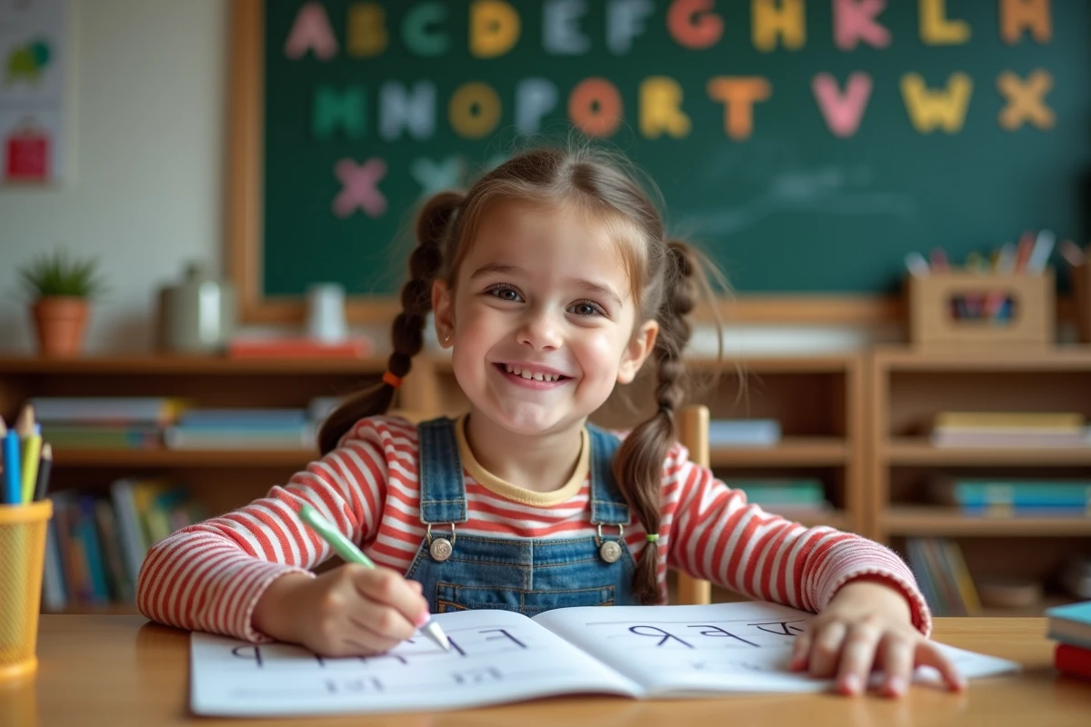 Jeune fille concentrée en classe trace des lettres de l alphabet