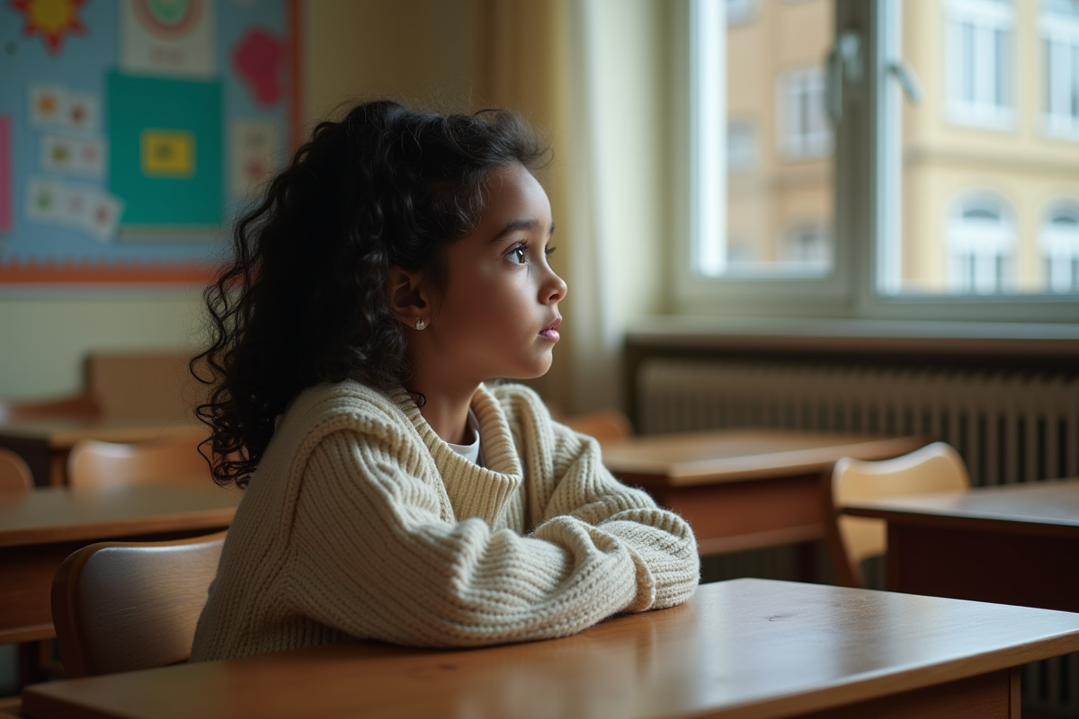 Jeune fille de 8 ans regardant par la fenêtre en classe