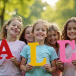 Groupe de jeunes filles souriantes tenant des lettres colorées dans un parc