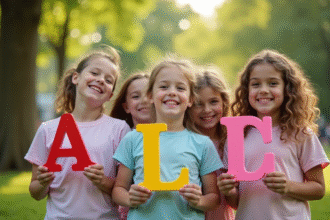 Groupe de jeunes filles souriantes tenant des lettres colorées dans un parc