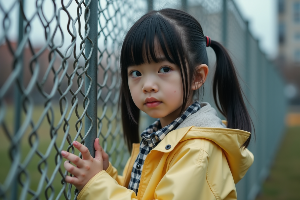 Fille de 6 ans regardant la clôture de jeu urbaine