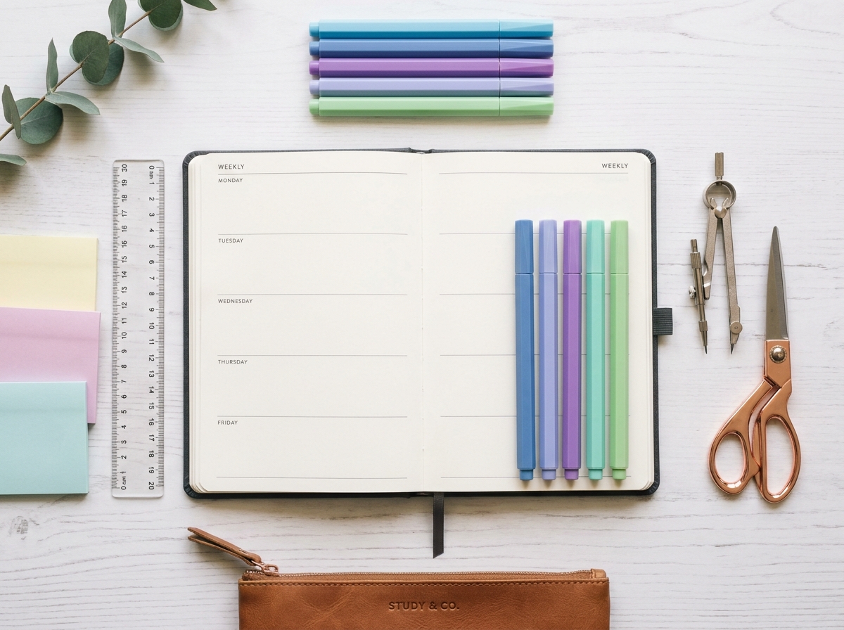 Flatlay soigné de fournitures scolaires colorées et bien rangées sur une surface en bois blanc pour la rentrée sans stress