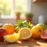 Fruits frais tranches sur plan de travail en bois