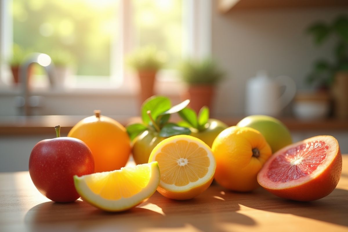 Fruits frais tranches sur plan de travail en bois