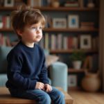 Garçon de 7 ans pensif dans un salon chaleureux