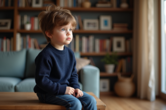 Garçon de 7 ans pensif dans un salon chaleureux