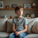 Garçon de 10 ans assis sur un canapé familial avec expression pensive