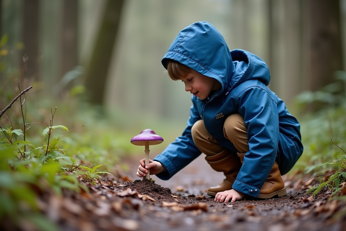 Jeune garçon examinant un champignon violet dans la forêt