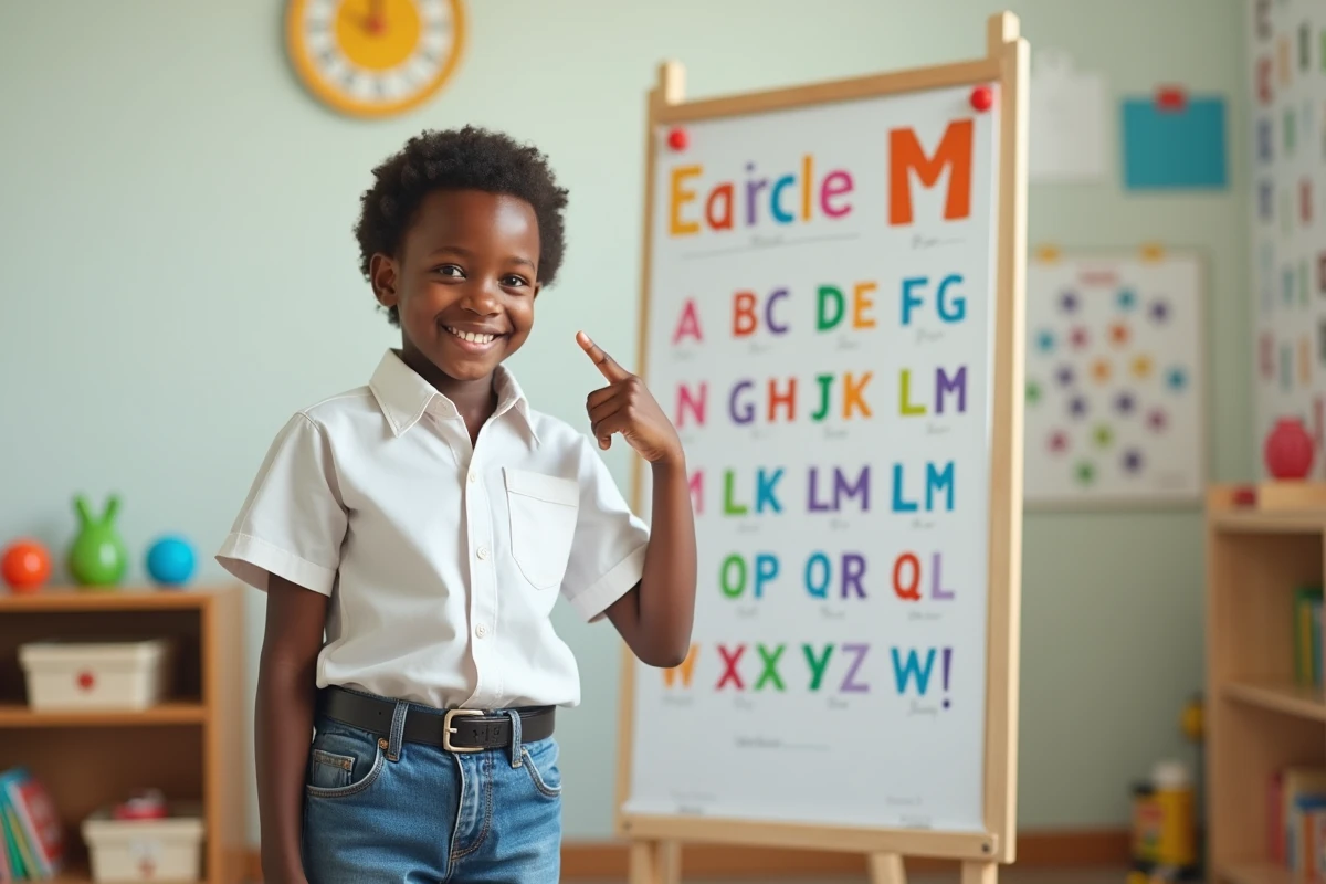 Garçon souriant montre la lettre M sur un poster scolaire