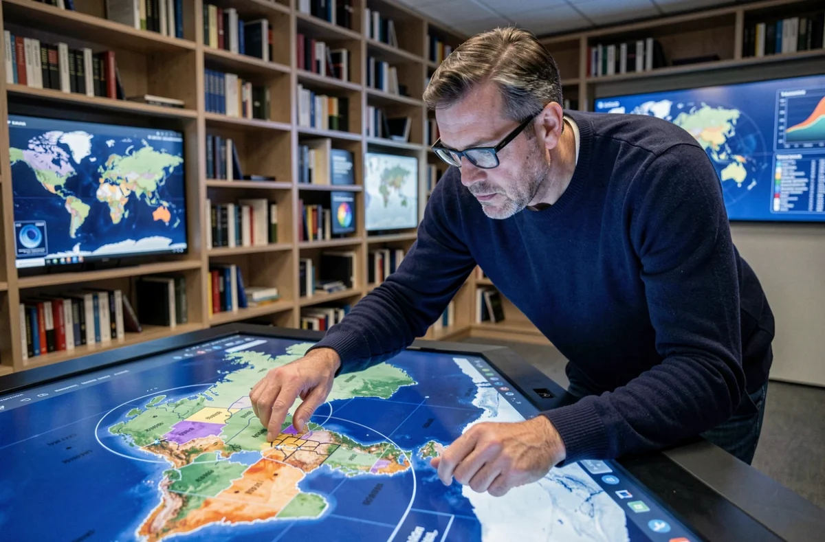 Géographe analysant une carte interactive mondiale avec zones maritimes et polaires dans un institut de recherche pour déterminer le pays le plus grand au monde