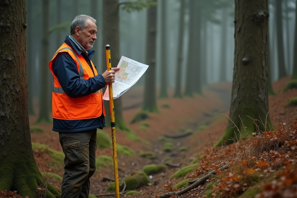 Géomètre mesurant la superficie d'une forêt de 10 hectares avec perche de mesure et carte topographique