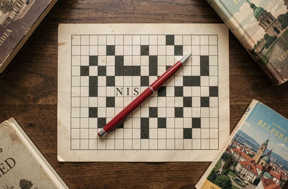 Grille de mots croisés avec le mot NIS inscrit, entourée de livres de référence sur la Serbie