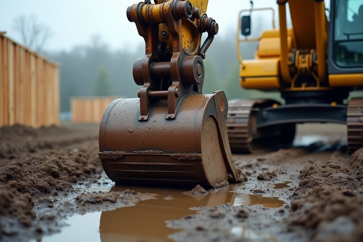 Gros plan sur le bras hydraulique et le godet d'une pelle mécanique sur terrain boueux de chantier