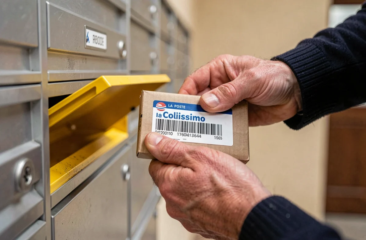 Gros plan de mains déposant un colis suivi Colissimo dans une boîte aux lettres résidentielle