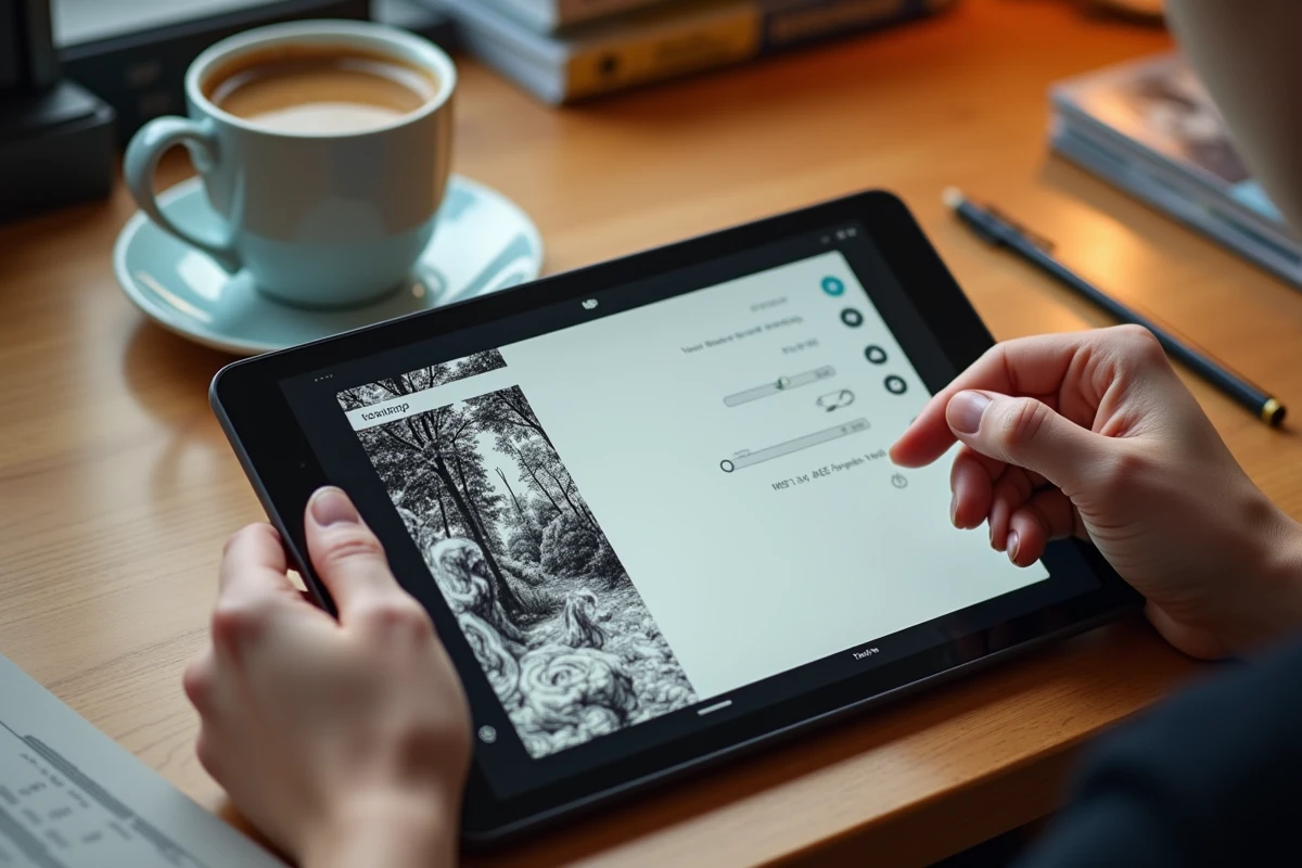 Gros plan sur les réglages de confort de lecture manga sur tablette avec l'interface Epsilone.scan visible à l'écran