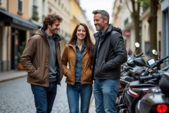 Groupe d'adultes souriants avec motos à Dax