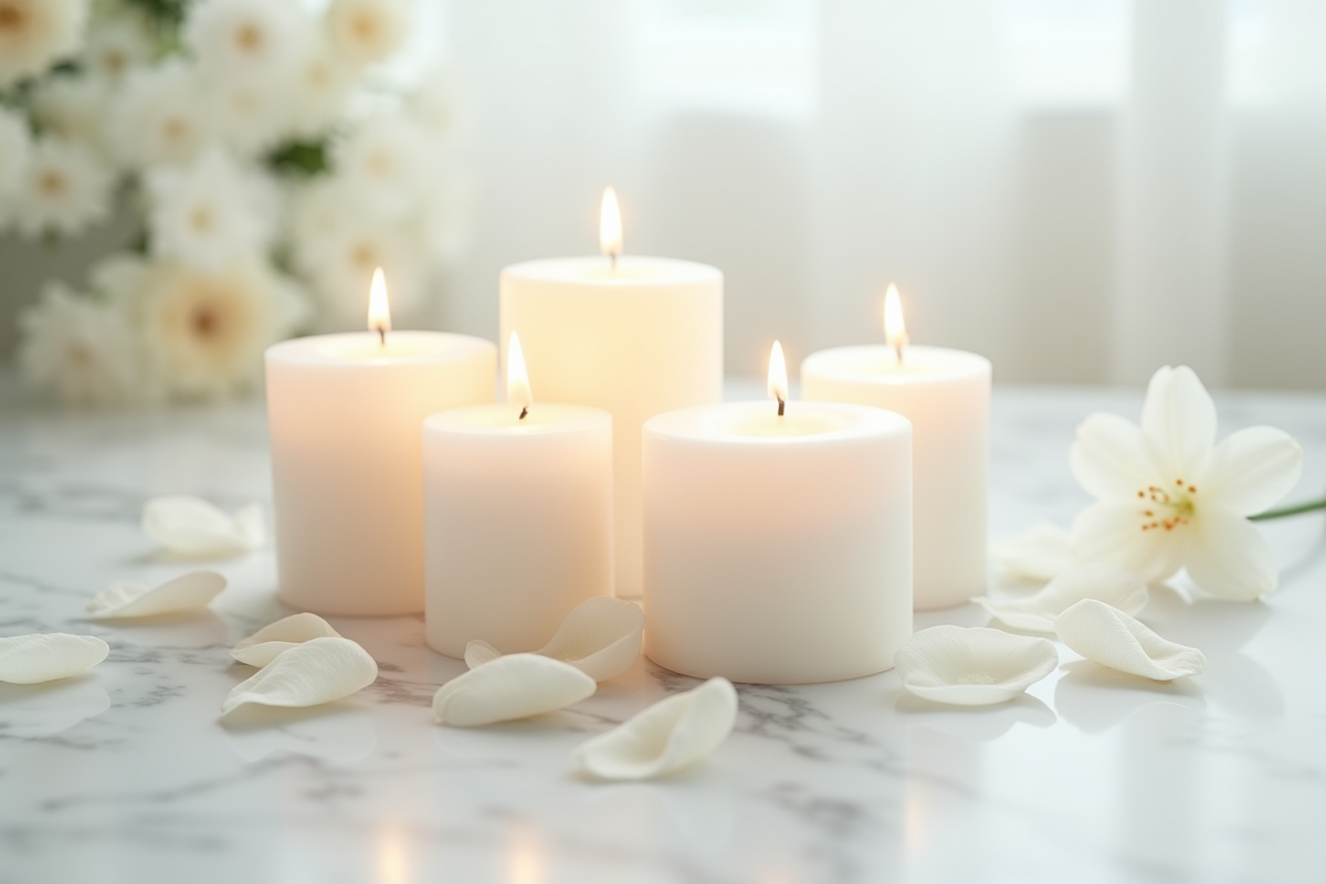 Groupe de bougies blanches non allumées entourées de pétales de fleurs blanches