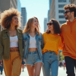 Groupe de jeunes en streetwear dans une rue urbaine ensoleillee