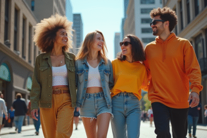 Groupe de jeunes en streetwear dans une rue urbaine ensoleillee